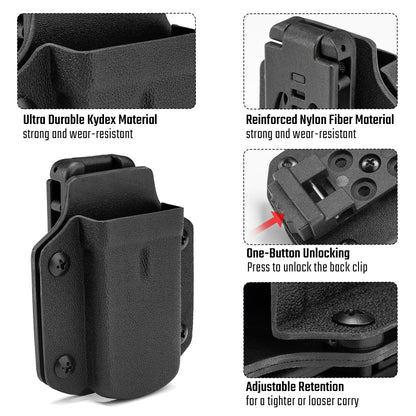 Feature image of the black TX3 Multitool Sheath highlighting durable Kydex material, reinforced nylon fiber clip, one-button unlocking, and adjustable retention.