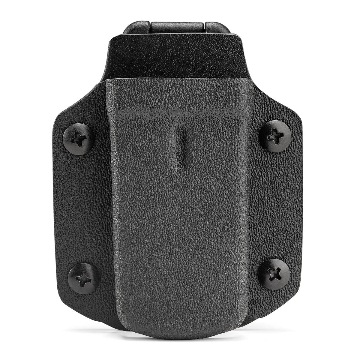 Front view of the black TX3 Multitool Sheath holding a silver multitool on a light gray background.