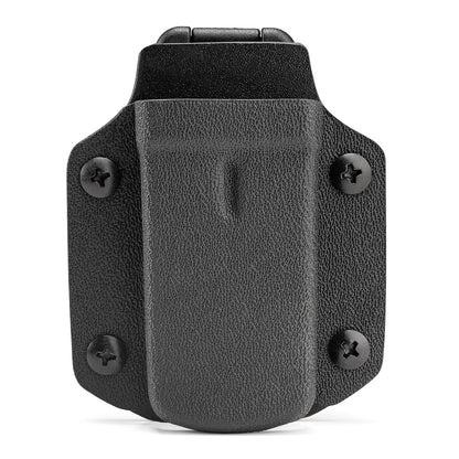 Front view of the black TX3 Multitool Sheath holding a silver multitool on a light gray background.