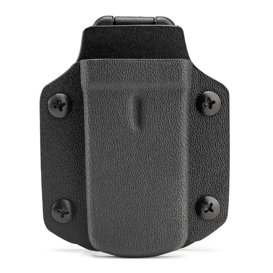 Front view of the black TX3 Multitool Sheath holding a silver multitool on a light gray background.