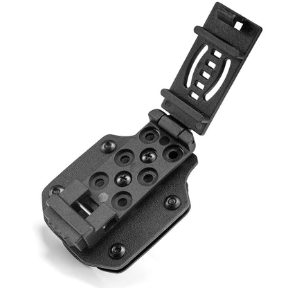 Rear angled view of the black TX3 Multitool Sheath with the belt clip opened to show the mounting structure.