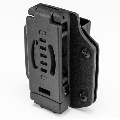 Rear detail view of the black TX3 Multitool Sheath focusing on the black belt clip and locking structure.