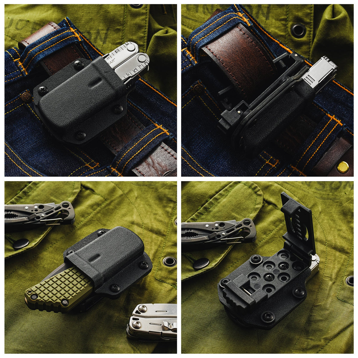 Four-image lifestyle collage showing the TX3 Multitool Sheath clipped to a belt, used with folding tools, and displayed in everyday carry scenes.