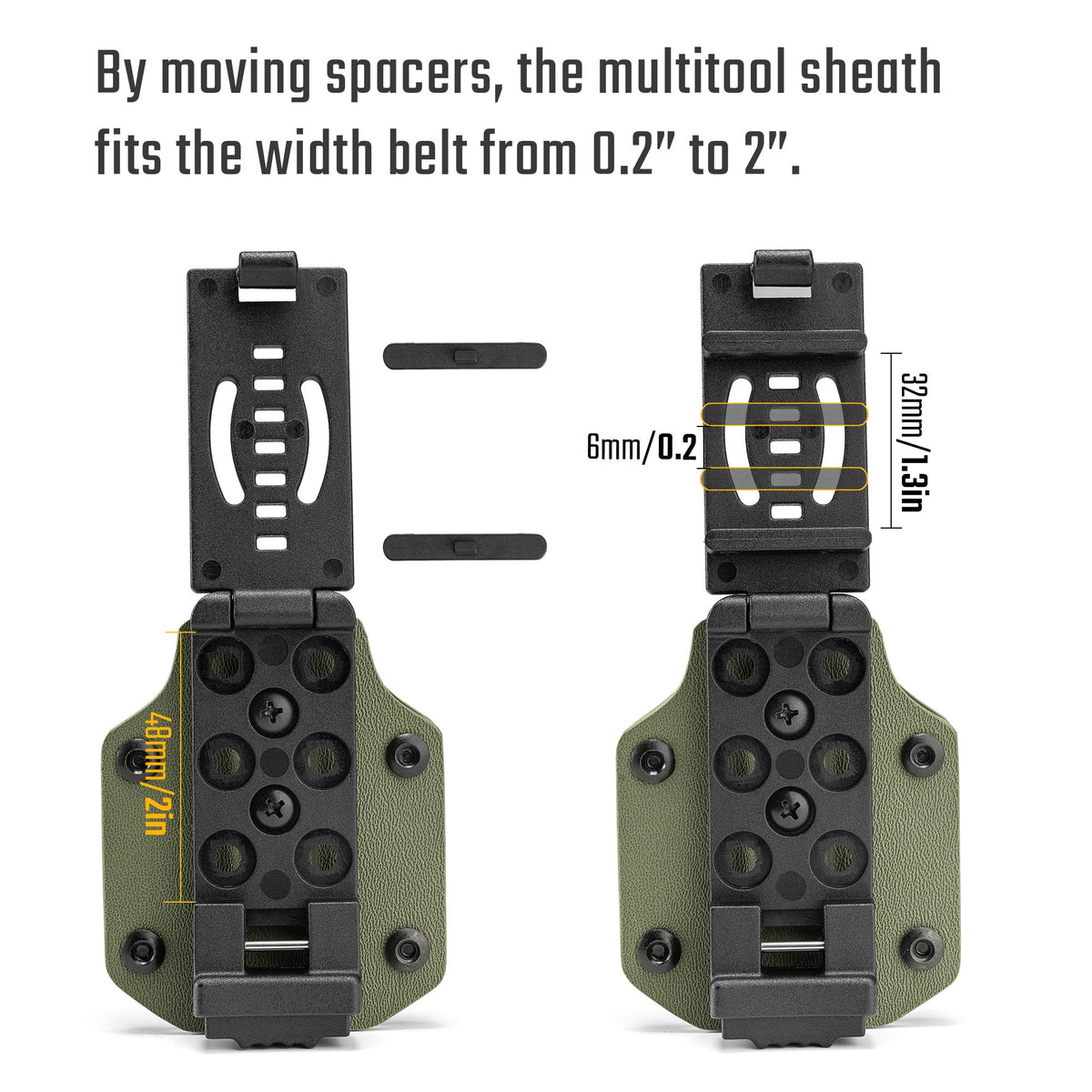Diagram showing the olive green TX3 Multitool Sheath with adjustable spacers for fitting belts from 0.2 inch to 2 inches wide.