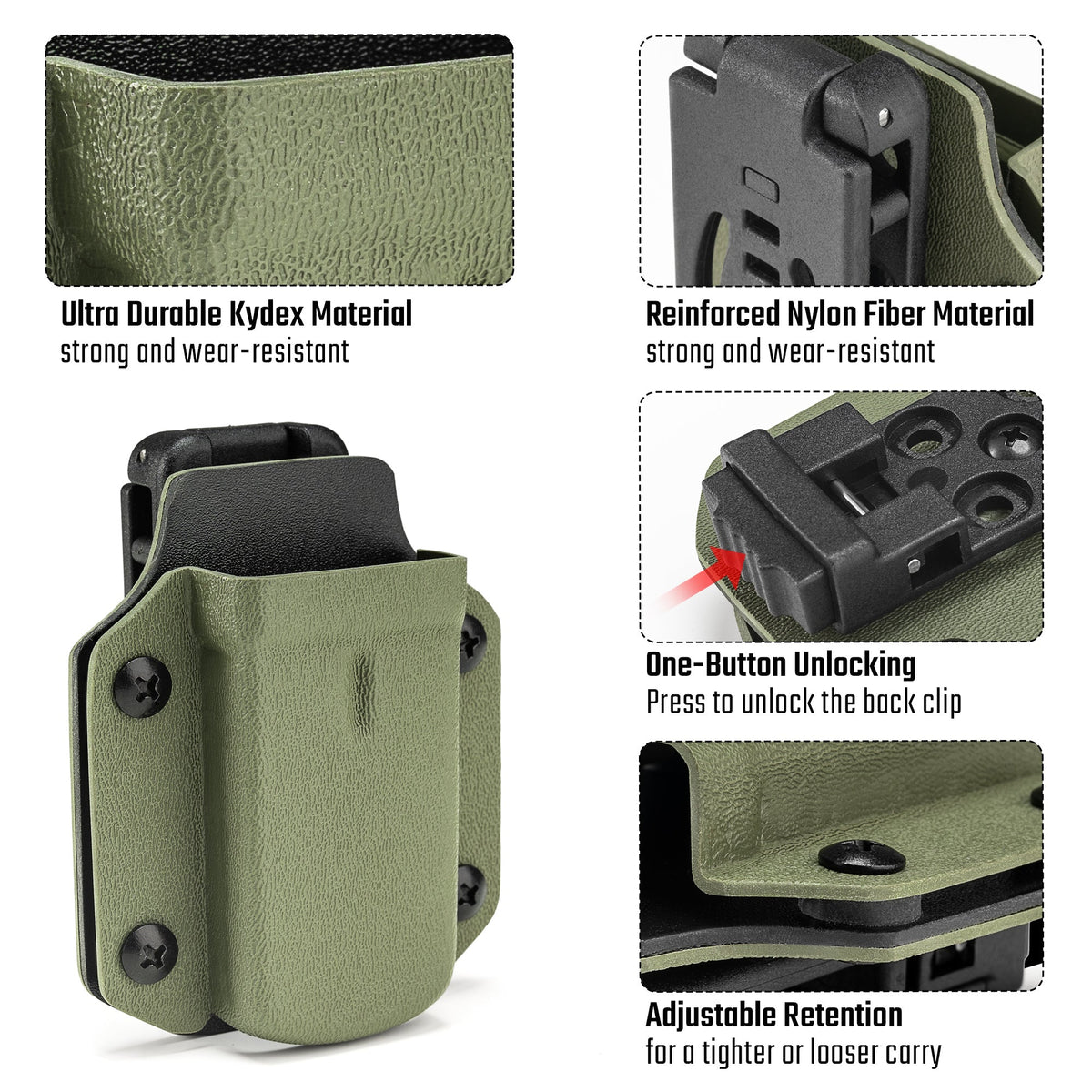 Feature image of the olive green TX3 Multitool Sheath highlighting durable Kydex material, reinforced nylon fiber clip, one-button unlocking, and adjustable retention.