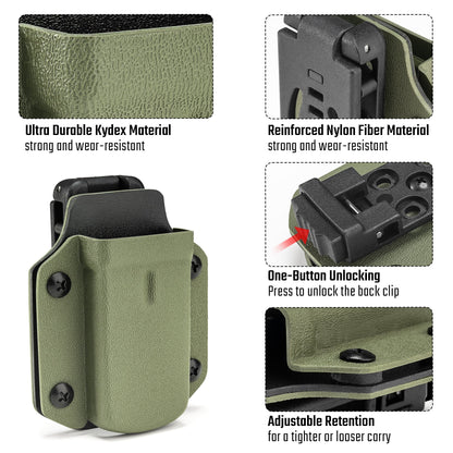 Feature image of the olive green TX3 Multitool Sheath highlighting durable Kydex material, reinforced nylon fiber clip, one-button unlocking, and adjustable retention.