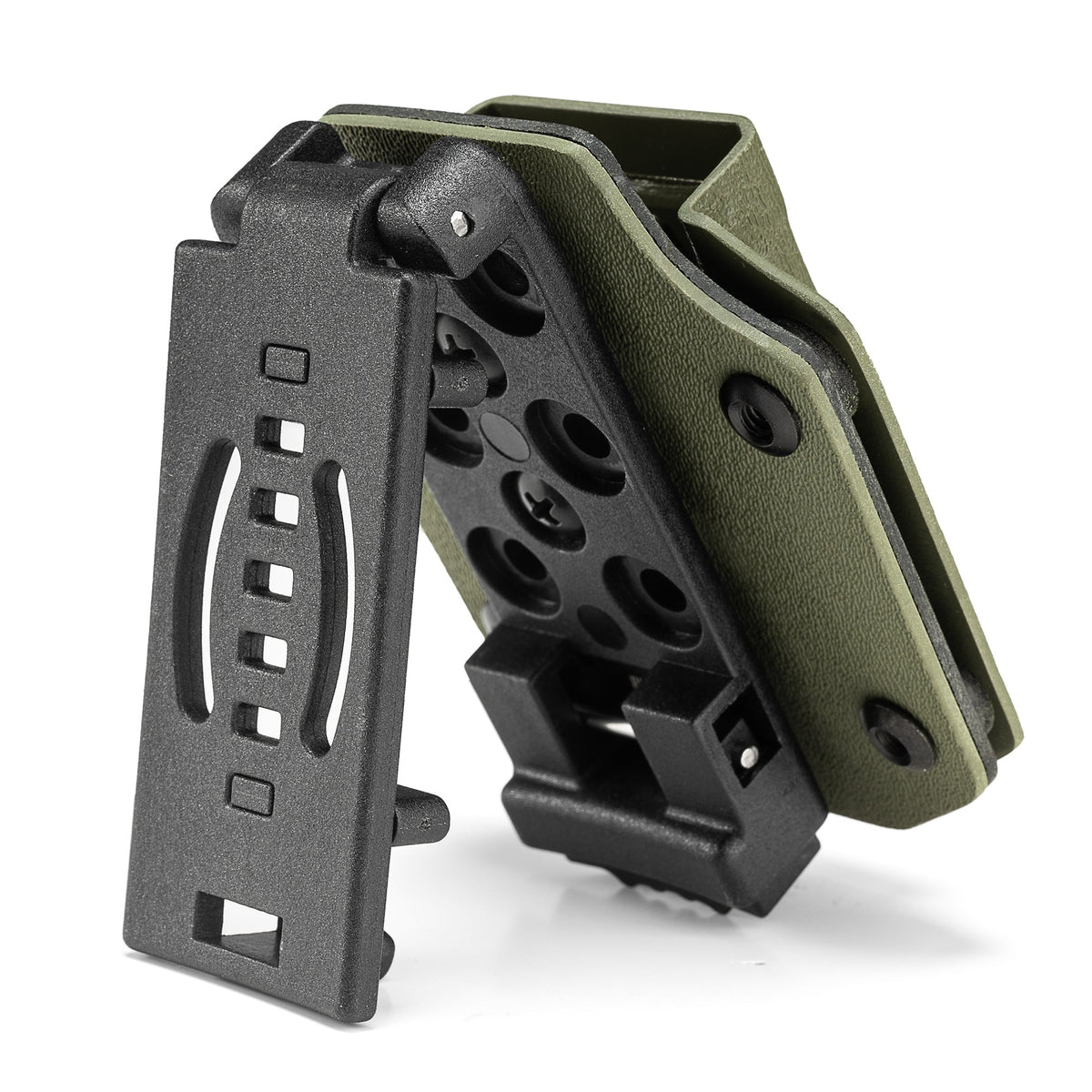 Angled close-up of the olive green TX3 Multitool Sheath with the belt clip opened, showing the clip hinge and mounting plate.