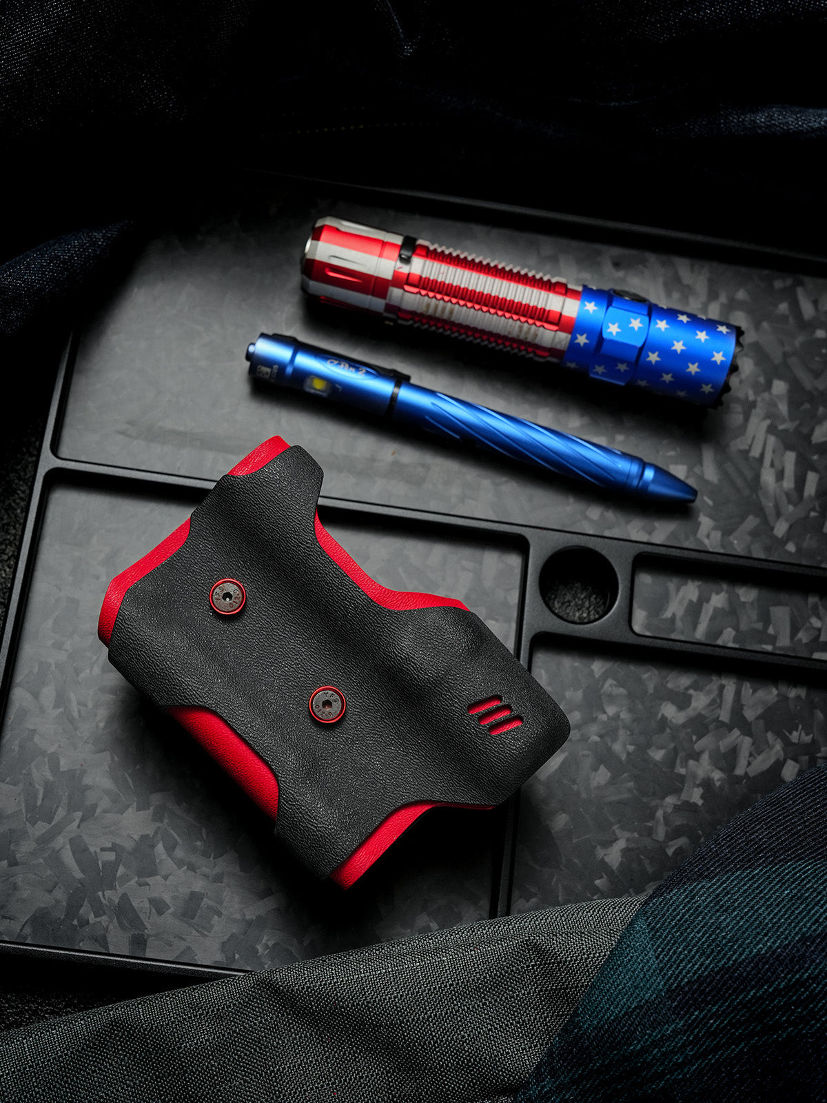 TACTICALGEEK Black and Red Kydex EDC Sheath with Flashlight and Pen Gear Setup