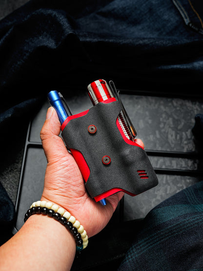 TACTICALGEEK Black and Red Kydex EDC Sheath with Flashlight and Pen – Front View