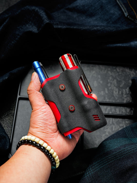 TACTICALGEEK Black and Red Kydex EDC Sheath with Flashlight and Pen – Front View