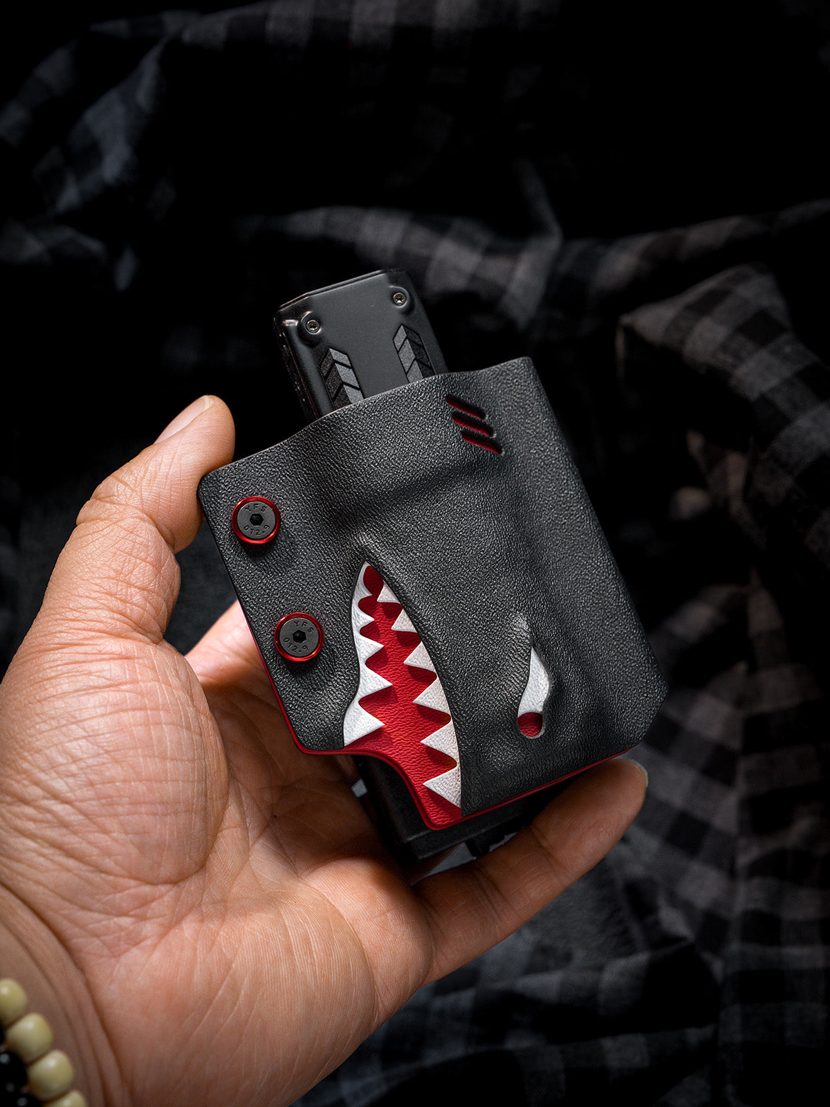 TACTICALGEEK Black and Red Shark Kydex EDC Sheath – Handheld Front View