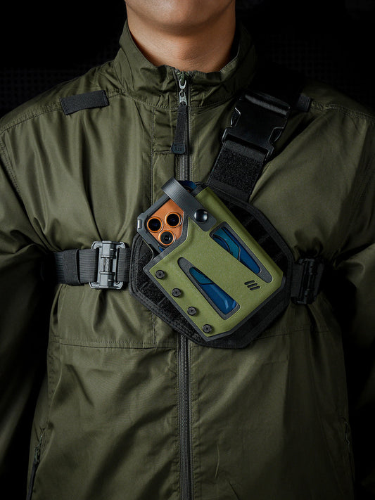TACTICALGEEK Olive Green Skeleton Chest-Front Phone Sheath for iPhone 17 Pro & 17 Pro Max – Worn View