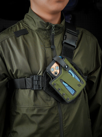 TACTICALGEEK Olive Green Skeleton Phone Sheath for iPhone 17 Pro & 17 Pro Max – Chest Carry View