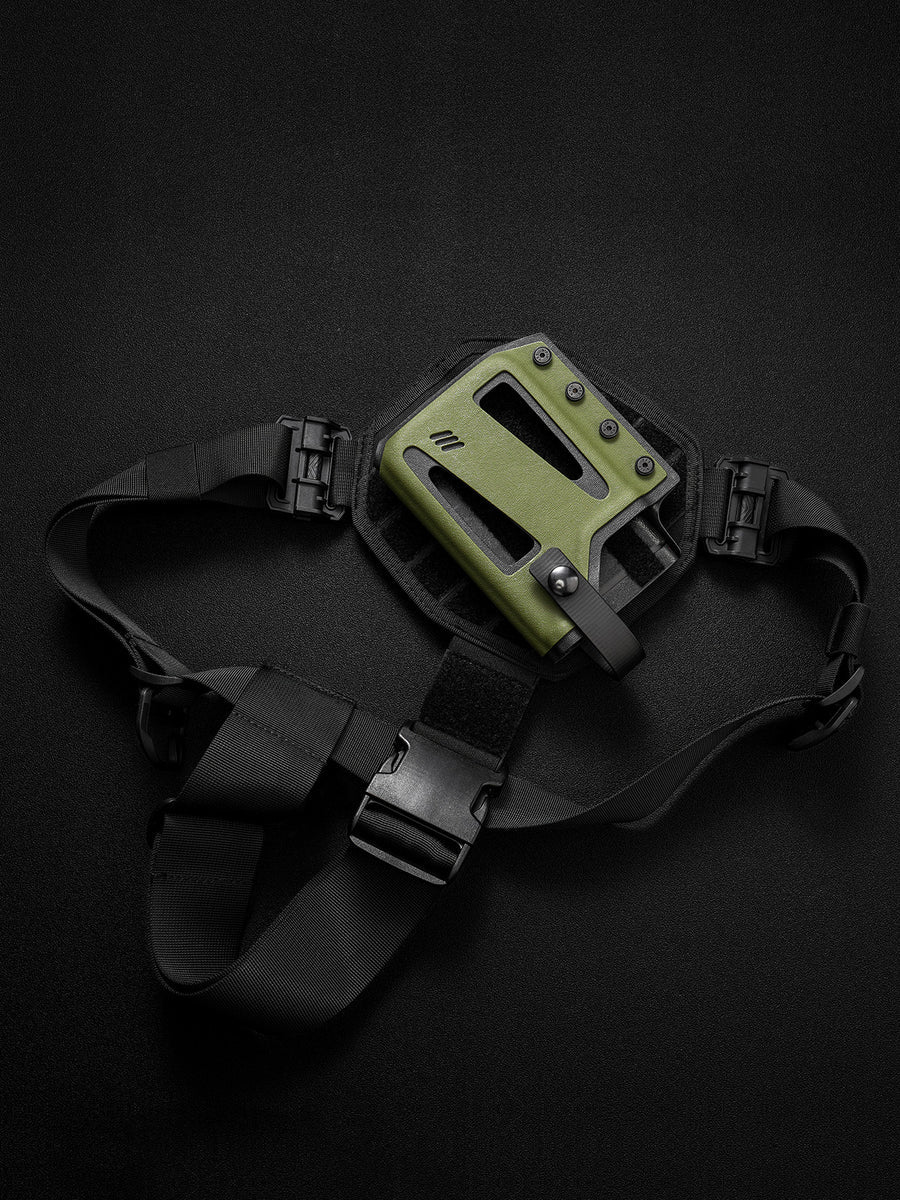 TACTICALGEEK Olive Green Skeleton Chest-Front Phone Sheath with Adjustable Harness – Flat Lay