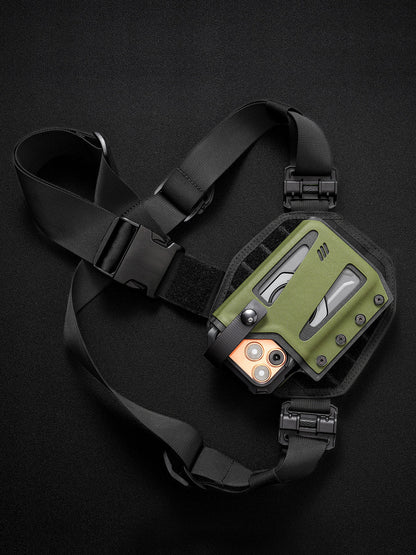 TACTICALGEEK Olive Green Skeleton Chest-Front Phone Sheath with iPhone – Harness Setup