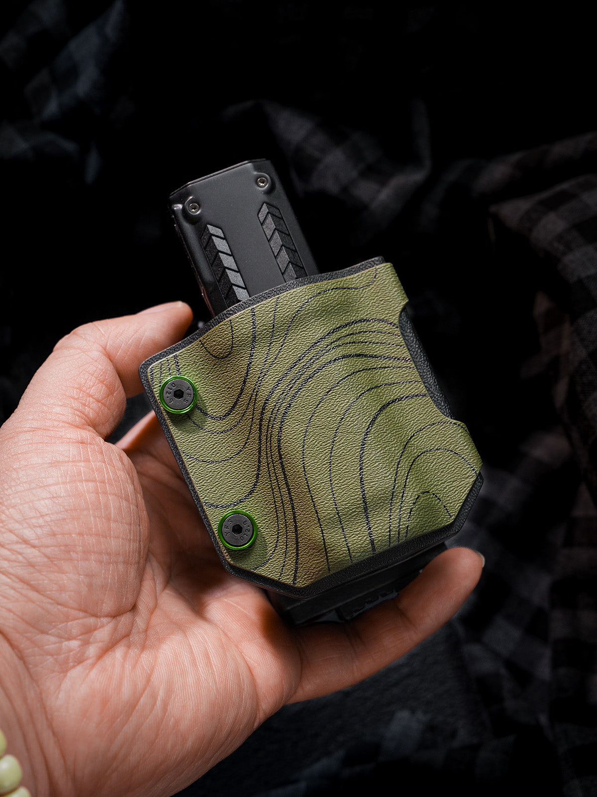 TACTICALGEEK Olive Green Kydex EDC Sheath – Handheld Front View