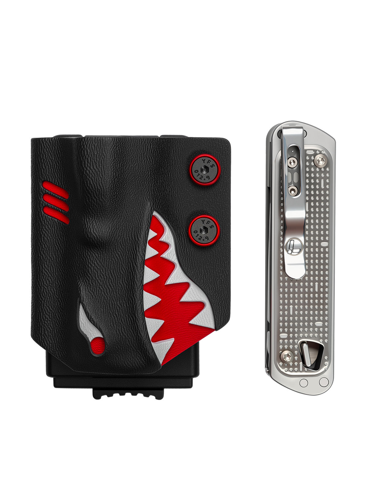 TACTICALGEEK Black and Red Shark Kydex Multi-Tool Sheath – Front and Side View