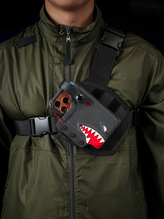 TACTICALGEEK Shark Chest-Front Phone Sheath for iPhone 17 Pro & 17 Pro Max – Worn Front View